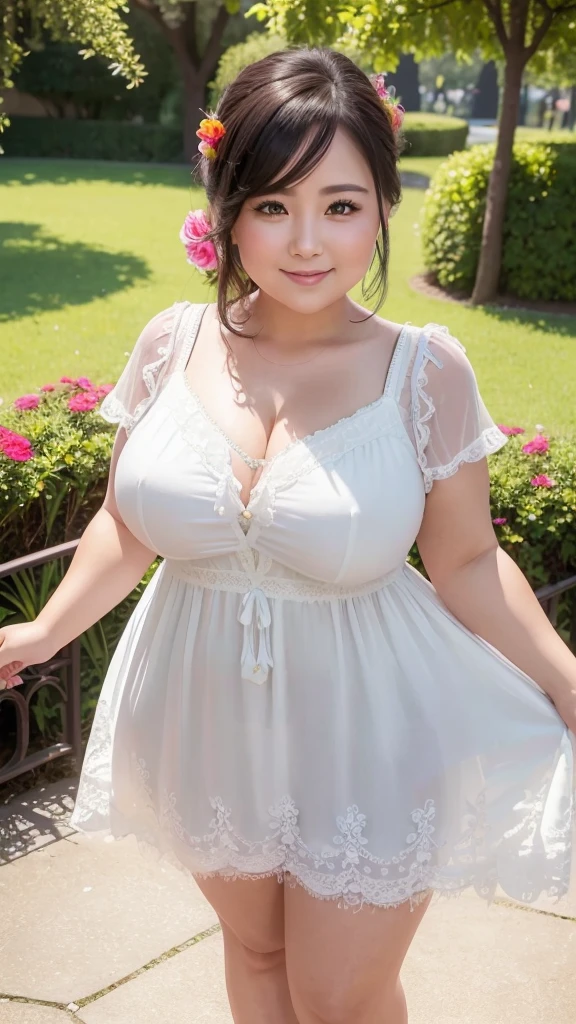 A beautiful and hot almost chubby mature woman.who is wearing a patterned short dress and is and standing in the park. A smiling face、sexy woman、A radiant smile、adorable、race、Frills、Colorful design、Full-length mirror、An inviting gaze、Gorgeous long and beautiful hairstyle、variation Hairstyle、Open neck blouse、Flower Garden、Sparkling、Elegant Princess
