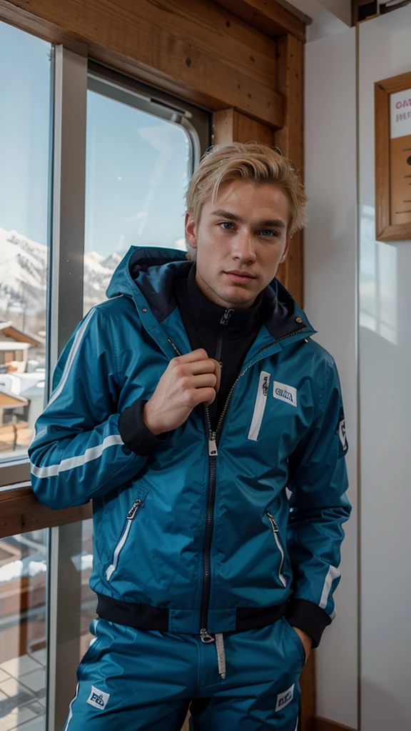 blond geogian man, short hair, skiing, wearing skii suit