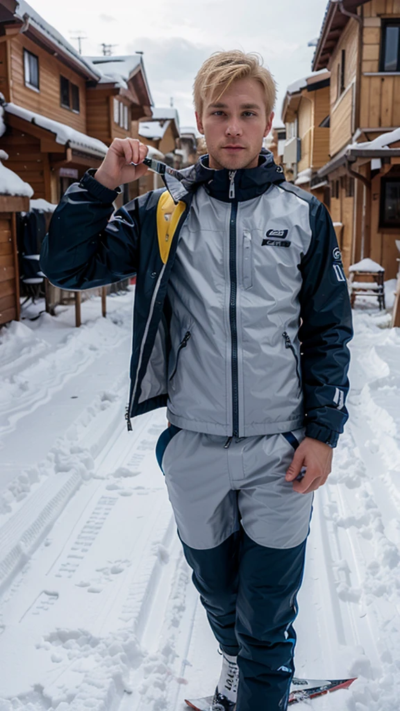 blond geogian man, short hair, skiing, wearing skii suit