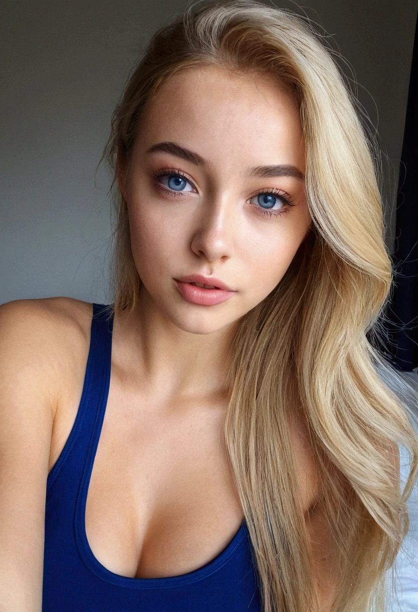 WOman avec débardeur et pantalon assortie, fille sexy aux yeux bleus, portrait sophie mudd, Portrait de Corinna Kopf, cheveux blonds et grands yeux, selfie d'une jeune femme, ohne Maquillage, maquillage naturel, Regardez directement dans la caméra, Visage avec Artgram, maquillage subtil, Superbe photo du corps entier, dans la chambre, gros seins, blond, Latin, jouant au foot 