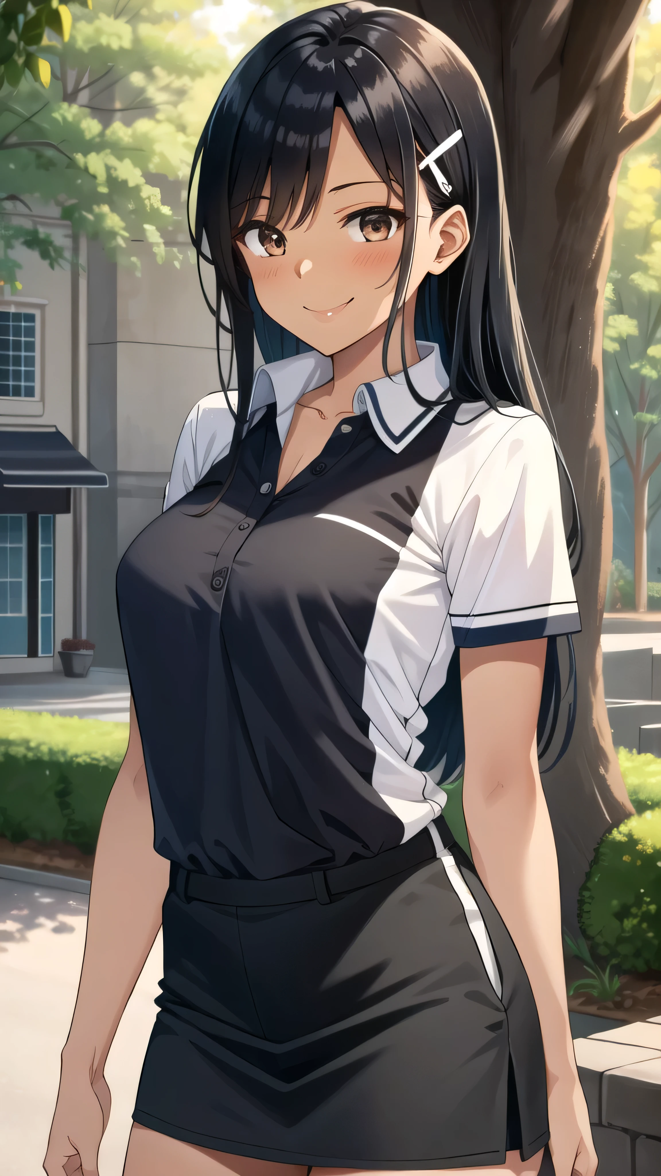 ((best quality)), ((masterpiece)), (details), one girl, sexy ((best quality)), ((masterpiece)), (details), one girl, sexy ((best quality)), ((masterpiece)), (details), one girl, full body, sexy expensive body, expensive, long legs, mature woman, mature, adult, it_nagatoro_main, Hayase Nagatoro, one girl, blushing, alone, uniform polo shirt, short sleeves, black hair,brown eyes, hair accessory, looking at viewer, hair clip, smiling, long hair, dark skinned woman, dark skin, , bangs, daytime, skirt, collared shirt, collarbone, ear clip, mouth closed, tree, asymmetrical bangs, upper body