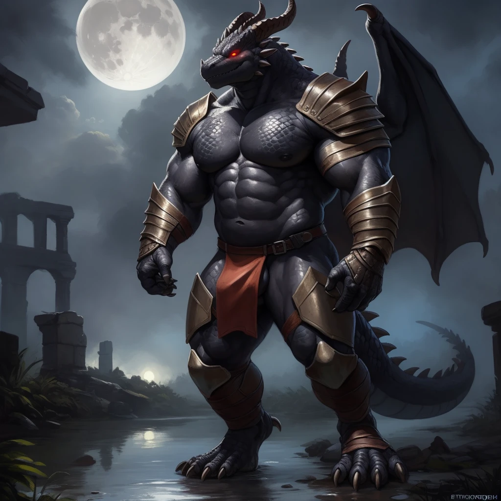 ruins, water reflection, moon, night, fog, standing, penis, (ultra detailed), a beautiful and detailed full size portrait of a male anthro dragon, scalie, dragonic, demon monster, (black body, black skin) smirk, (scales, detailed scales, muscle anthro, buff, big pecs, gladiator armor), loincloth, big crotch, armor leg wear, armor gloves, glowing eyes, red eyes (glowing), non-mammal breasts, looking forward, glowing eyes, big body, sexy body, goddess, big crotch, crotch apron, balls outline, sword belt, kenket, Ross Tran,ruan jia, trending on artstation,foxovh, cenematic lighting, big breaths, big , vagina, pussy, hands on chest, detailed background, day, medium front shot, side view, empty eyes, foreskin, tan body, tan scales, empty eyes, wet, night, big body, loincloth aside, pronounced_browridge, muscular anthro, big muscles, big pecs, battle armor, arm_spikes, biceps, feets, full body, straps, big horns, wings, dragon wings,