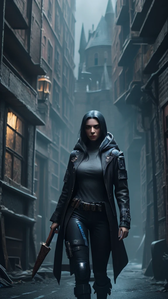 Spanish cyberpunk woman plays Hogwarts character,masterpiece, best quality, Reality, light, Dark atmosphere, Volumetric Lighting, 