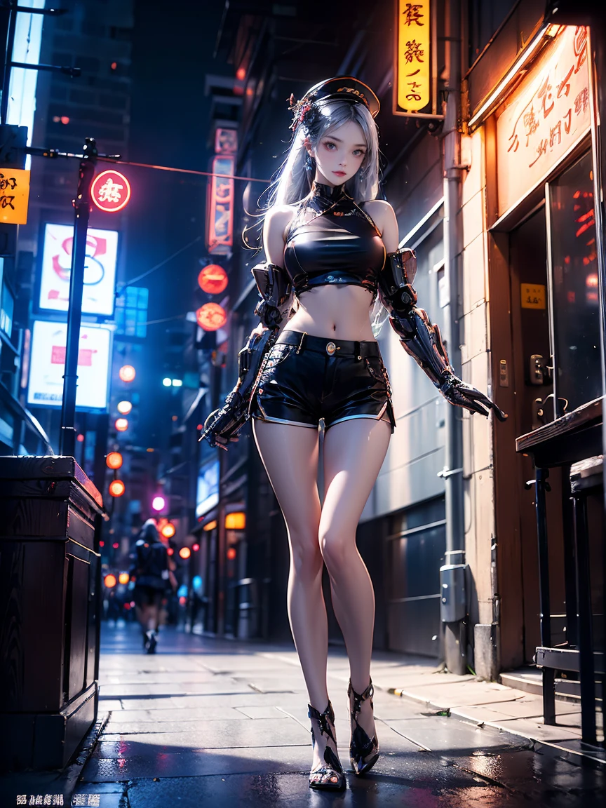 masterpiece,best quality,high resolution, 1 girl,From below,(The legs are very thin and straight)，,(Very long legs，Straight Legs),,High heel,Long legs,stand up, Leg length from the front, Perfect body,Have perfect legs,(External)，Full body female，Cyberpunk Characters，Dynamic poses，1 girl，Exquisite eyes，Brown eyes，Eyeshadow，cosmetic， Delicate face， Exquisite eyes， Looking at the audience， blush\（cosmetic\）， Full lips， Red lips，（Long white hair：1.3）， （stand up）Mechanical static，Mechanical Summons，(Hair accessories:1.1)，hat，((((shorts))))，City，Luminous winding，Holding a long sword，arms，Cyberpunk Lights:1.1)，Neon lights，Full of mechanical and futuristic elements，And technology，背景是一條中國傳統的street，Chinatown， street， sky sky， Cyberpunk Characters， paper lantern， Neon Super Resolution，（realism：1.3），1（Slim：1.2），Dramatic Lighting，Vivid details，Luxury Cyberpunk，Complex background，Octane Rendering