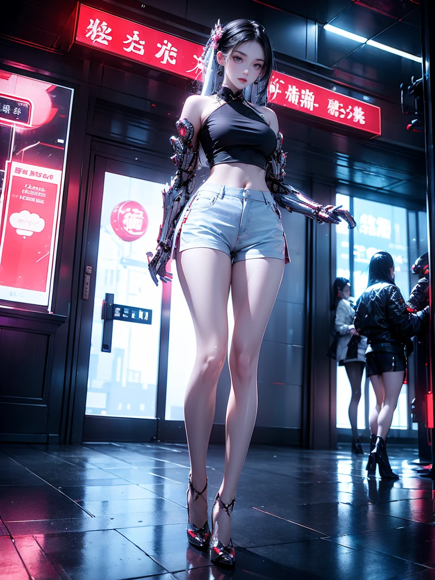 masterpiece,best quality,high resolution, 1 girl,From below,(The legs are very thin and straight),,(Very long legs,Straight Legs),,High heel,Long legs,stand up, Leg length from the front, Perfect body,Have perfect legs,(External),Full body female,Cyberpunk Characters,Dynamic poses,1 girl,Exquisite eyes,Brown eyes,Eyeshadow,cosmetic, Delicate face, Exquisite eyes, Looking at the audience, blush\(cosmetic\), Full lips, Red lips,(Long white hair:1.3), (stand up)Mechanical static,Mechanical Summons,(Hair accessories:1.1),hat,((((shorts)))),City,Luminous winding,Holding a long sword,arms,Cyberpunk Lights:1.1),Neon lights,Full of mechanical and futuristic elements,And technology,背景是一條中國傳統的street,Chinatown, street, sky sky, Cyberpunk Characters, paper lantern, Neon Super Resolution,(realism:1.3),1(Slim:1.2),Dramatic Lighting,Vivid details,Luxury Cyberpunk,Complex background,Octane Rendering