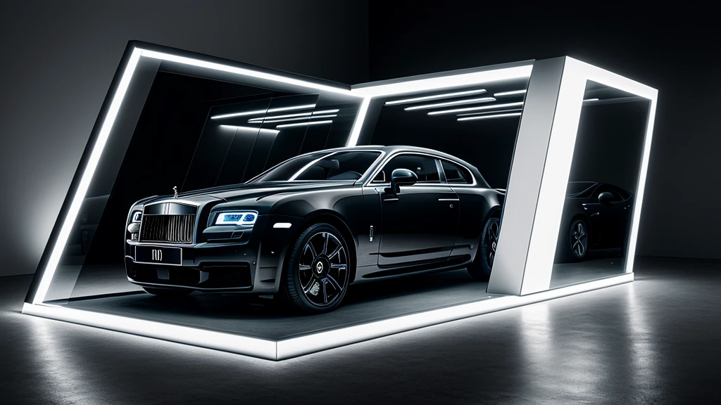 exposition espace voiture roll-royce, shimmering monochromatic light, (head of&#39;artwork,best quality,8k uh,DSLR,soft lighting,high quality,Hyper detail,grain de film,Fujifilm XT3, EU 5 8k rendering, super haute résolution, dinner details:1.2, Dynamic lighting, Cyber-light, magic neon),  sol brillant