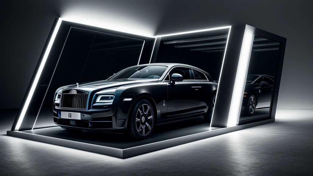 exposition espace voiture roll-royce, shimmering monochromatic light, (head of'artwork,best quality,8k uh,DSLR,soft lighting,high quality,Hyper detail,grain de film,Fujifilm XT3, EU 5 8k rendering, super haute résolution, dinner details:1.2, Dynamic lighting, Cyber-light, magic neon), sol brillant
