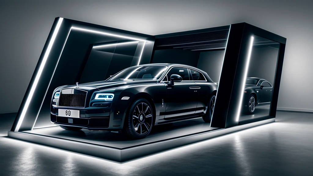 exposition espace voiture roll-royce, shimmering monochromatic light, (head of&#39;artwork,best quality,8k uh,DSLR,soft lighting,high quality,Hyper detail,grain de film,Fujifilm XT3, EU 5 8k rendering, super haute résolution, dinner details:1.2, Dynamic lighting, Cyber-light, magic neon),  sol brillant