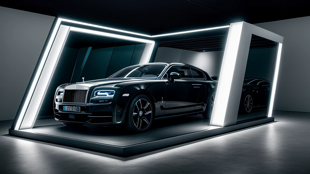 exposition espace voiture roll-royce, shimmering monochromatic light, (head of&#39;artwork,best quality,8k uh,DSLR,soft lighting,high quality,Hyper detail,grain de film,Fujifilm XT3, EU 5 8k rendering, super haute résolution, dinner details:1.2, Dynamic lighting, Cyber-light, magic neon),  sol brillant