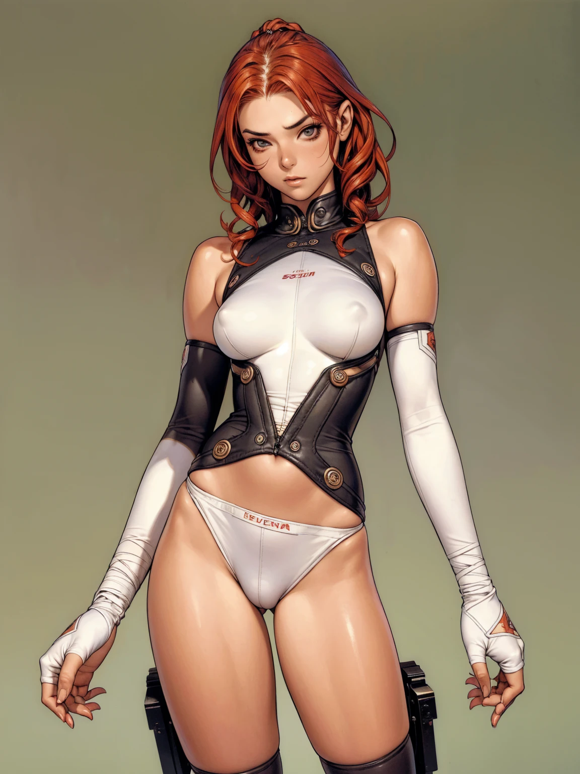 (((MMA fighter))), ((( red shorts ))), (((bandaged arms))), ((high collar)), (((redhead or black)), (((micro shorts with vertical seams))), (((best qualityer: 1.4))), (Unbeatable masterpiece), (hiper HD),(CG 8k hyper-realistic), (((brave face))), (((breasts big))), (((hyper feminine))), (((musclegirl))), sexly girl, king of fighter,（curly hair)), ((( sculptural body ))), (((1 Kizi))), Kizi de 25 anos com perfectbody,,Beautiful and well-groomed face,muscular body:1.2,solid color detailed jacket, (Head to thigh photos), Complex equipment, green dark，long pants，Tight clothes are dark，With white stars and off-white stripes,,,,,Armor Metal Electronic Parts) INFO, Kizi, (((standing alone))), pirralha violent, (((14歳))), sexly, pose de atitude, work of art, post-apocalypse, (((manga style))), bounty hunter, violent, Manic, the way you want, slenderbody, thin but strong, perfectbody, roupa moderna, advanced technology, neon, sleeves with vertical striped pattern, neutral background, (( cowboy shot )). intricate visual