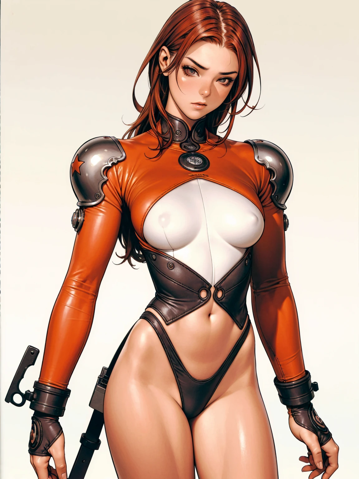(((MMA fighter))), ((( red shorts ))), (((bandaged arms))), ((high collar)), (((redhead or black)), (((micro shorts with vertical seams))), (((best qualityer: 1.4))), (Unbeatable masterpiece), (hiper HD),(CG 8k hyper-realistic), (((brave face))), (((breasts big))), (((hyper feminine))), (((musclegirl))), sexly girl, king of fighter,(curly hair)), ((( sculptural body ))), (((1 Kizi))), Kizi de 25 anos com perfectbody,,Beautiful and well-groomed face,muscular body:1.2,solid color detailed jacket, (Head to thigh photos), Complex equipment, green dark,long pants,Tight clothes are dark,With white stars and off-white stripes,,,,,Armor Metal Electronic Parts) INFO, Kizi, (((standing alone))), pirralha violent, ((())), sexly, pose de atitude, work of art, post-apocalypse, (((manga style))), bounty hunter, violent, Manic, the way you want, slenderbody, thin but strong, perfectbody, roupa moderna, advanced technology, neon, sleeves with vertical striped pattern, neutral background, (( cowboy shot )). intricate visual