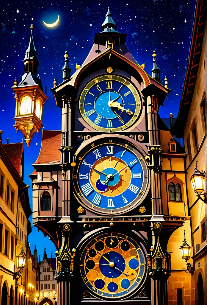 Astronomical Clock: An ornate astronomical clock, situated in the center of a medieval square, surrounded by historic buildings. The watch has intricate details, like zodiac signs and moon phases, and is lit by old street lanterns, with the starry sky in the background.