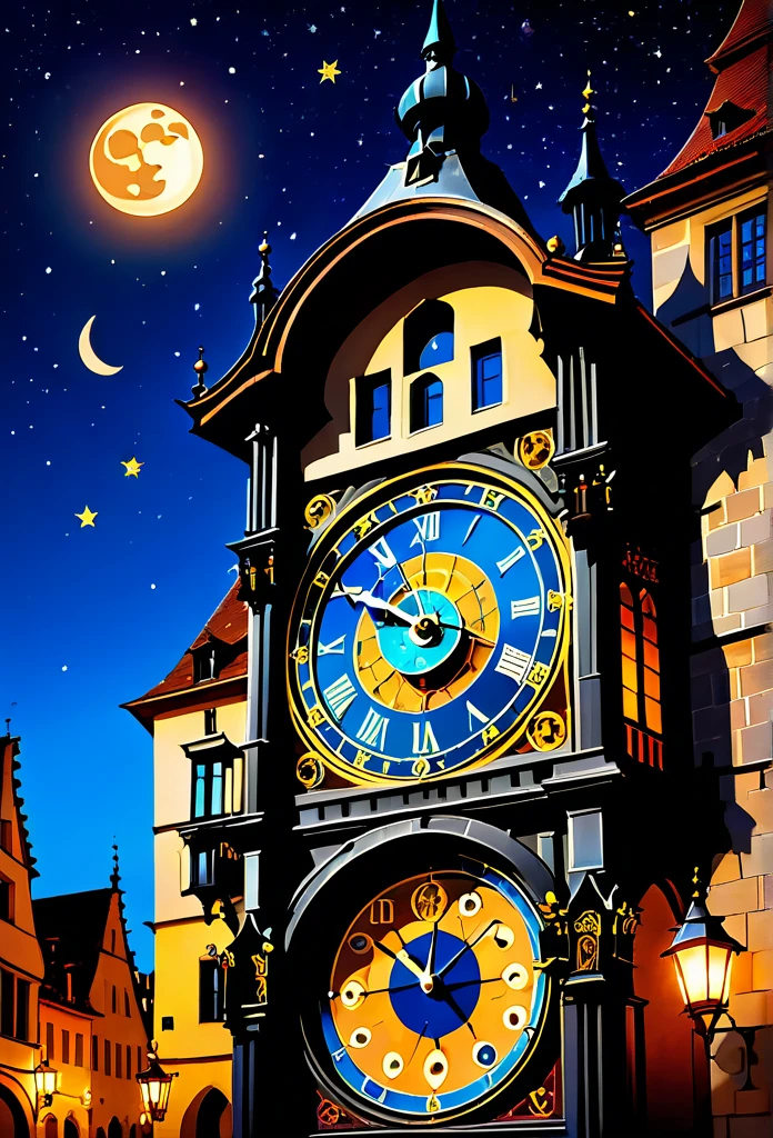 Astronomical Clock: An ornate astronomical clock, situated in the center of a medieval square, surrounded by historic buildings. The watch has intricate details, like zodiac signs and moon phases, and is lit by old street lanterns, with the starry sky in the background.