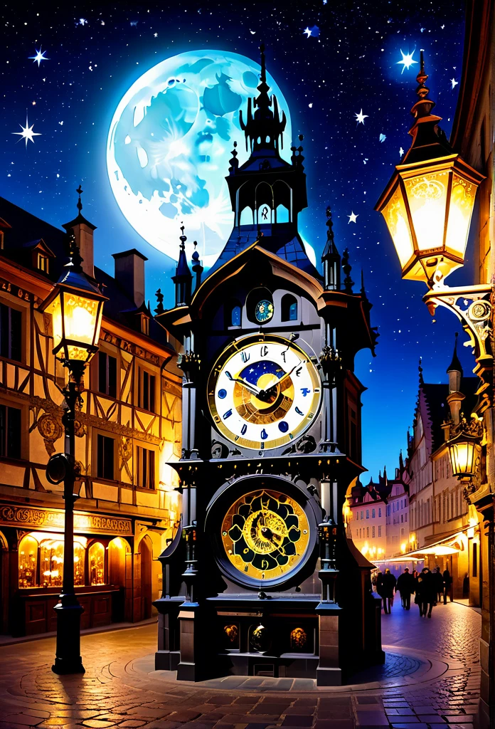 Astronomical Clock: An ornate astronomical clock, situated in the center of a medieval square, surrounded by historic buildings. The watch has intricate details, like zodiac signs and moon phases, and is lit by old street lanterns, with the starry sky in the background.