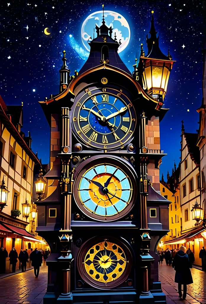 Astronomical Clock: An ornate astronomical clock, situated in the center of a medieval square, surrounded by historic buildings. The watch has intricate details, like zodiac signs and moon phases, and is lit by old street lanterns, with the starry sky in the background.