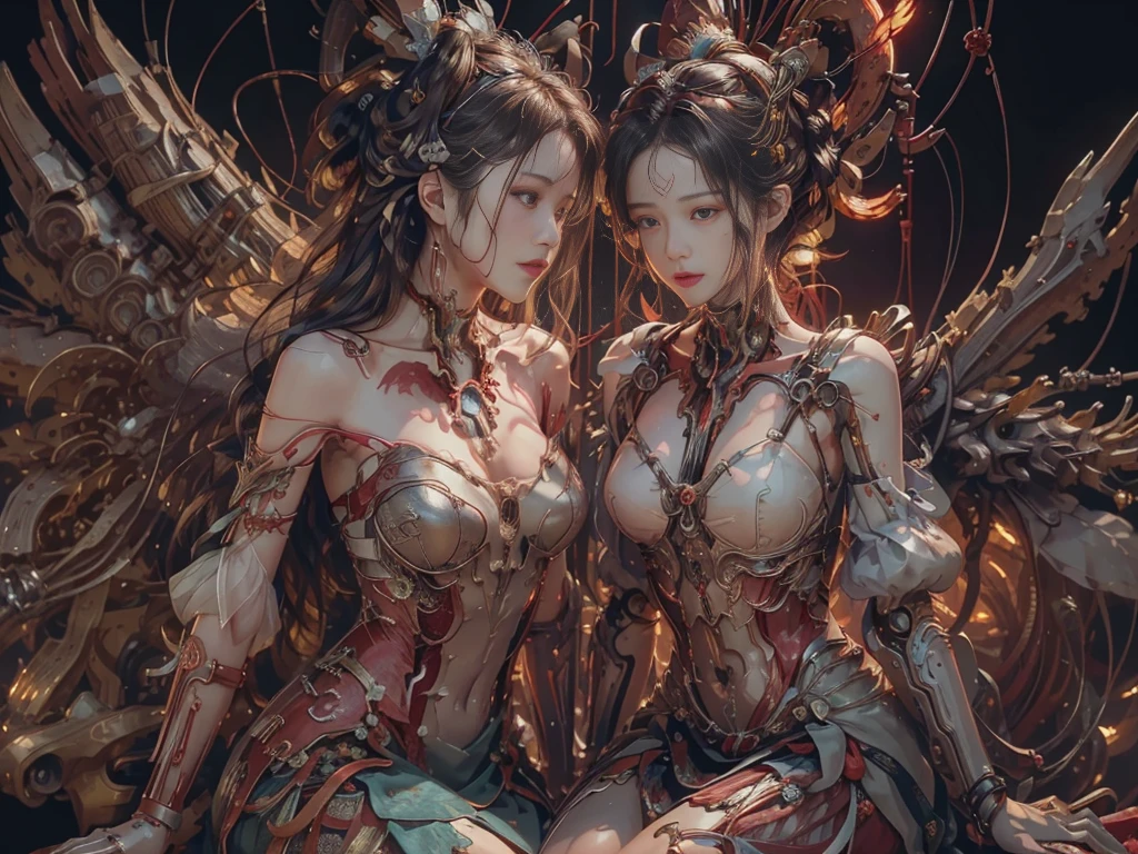 (Masterpiece, Top quality, Best quality, offcial art, Beautiful and aesthetic:1.2), (1girll:1.3), extreme detailed details,Colorful,highest details ((Ultra-detailed)), (Highly detailed CG illustration), ((An extremely delicate and beautiful)),(From the side Side),Cinematic light,((1机械女孩)),独奏,full bodyesbian,(machine made joints:1.2),((Mechanical limb)),(blood vessels attached to the tube),(Mechanical vertebrae attached to the back),((mechanical cervial attaching to neck)),(Sitting),Expressionless,(wires and cables attaching to neck:1.2),(wires and cables on head:1.2)(Character focus),Science fiction,White background,(Blood:1.2), dunhuang