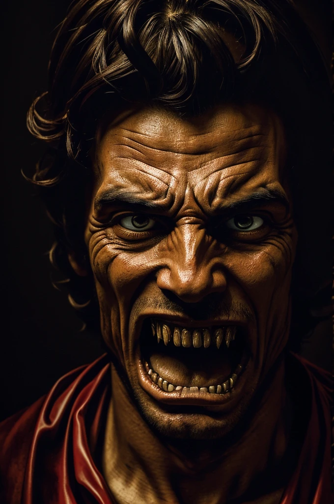 Masterpiece Man with a face of suffering being devoured by a demon in , very realistic, lots of detail, high contrast, maximum quality, visual impact, Caravaggio painting style