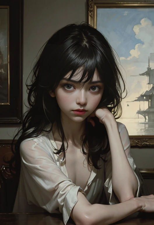 painting of woman, with influence of Jeremy Mann, Jeremy Mann, style of Jeremy Mann, Jeremy Mann painting, Jeremy Mann art, Ron Hicks, Liepke, Jeremy Mann and alphonse mucha, Works that influenced Edmund Blampid, robert lenkiewicz, Casey Baugh and James Jean, Works that influenced Willem Kalf, Nick Alm, tumbler, figurative art, Intense watercolor painting, watercolor detailed art,Beautiful and expressive painting, Beautiful artwork illustration, very colorful tones, Fantastic, cool beauty, highest quality,official art, women only, sharp outline, melancholy, nostalgia, Eyes without pupils, color eye, ideal anima, In search of lost time