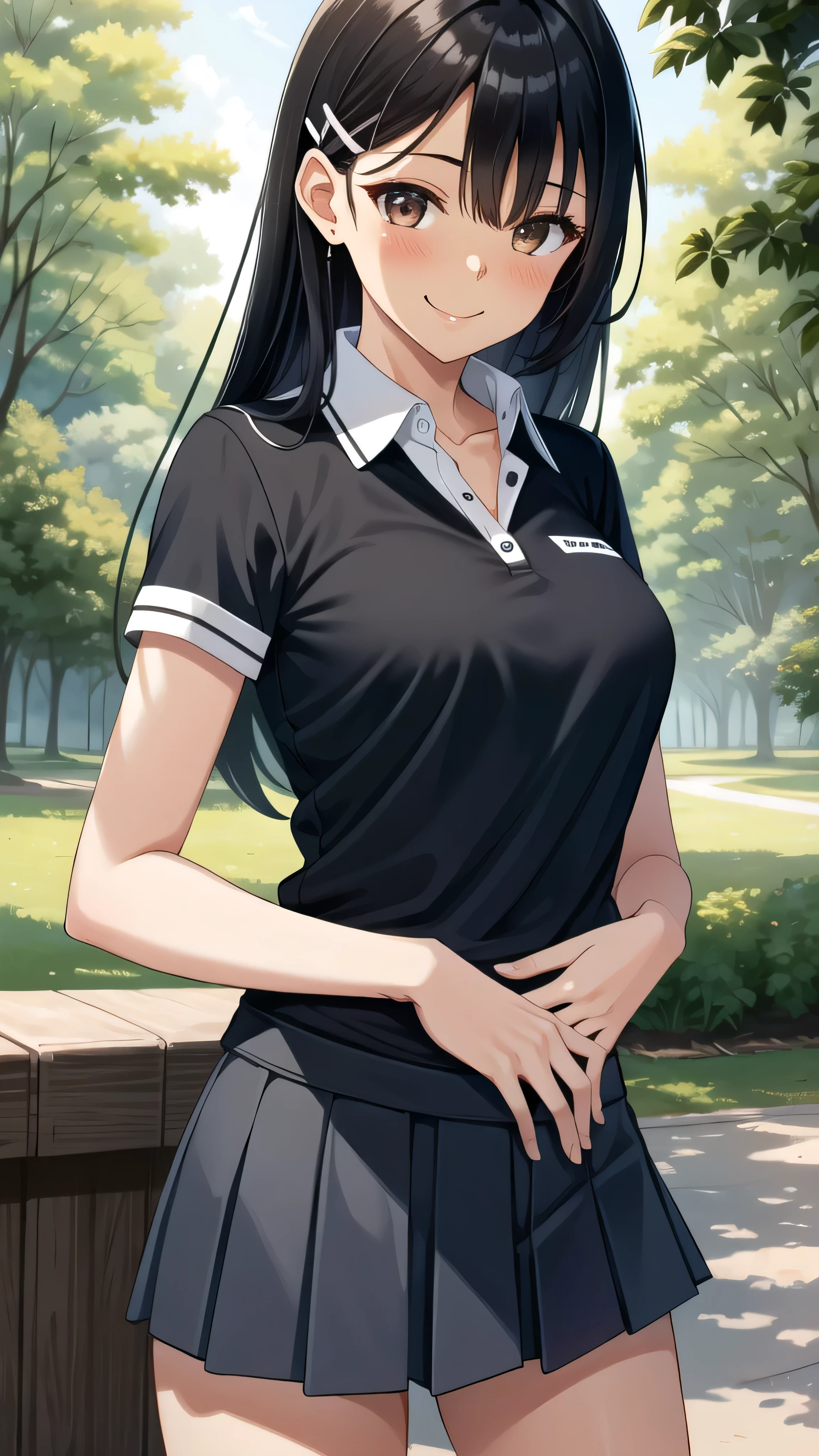 ((best quality)), ((masterpiece)), (details), one girl, sexy ((best quality)), ((masterpiece)), (details), one girl, sexy ((best quality)), ((masterpiece)), (details), one girl, full body, sexy expensive body, expensive, long legs, mature woman, mature, adult, it_nagatoro_main, Hayase Nagatoro, one girl, blushing, alone, uniform polo shirt, short sleeves, black hair,brown eyes, hair accessory, looking at viewer, hair clip, smiling, long hair, dark skinned woman, dark skin, , bangs, daytime, skirt, collared shirt, collarbone, ear clip, mouth closed, tree, asymmetrical bangs, upper body
