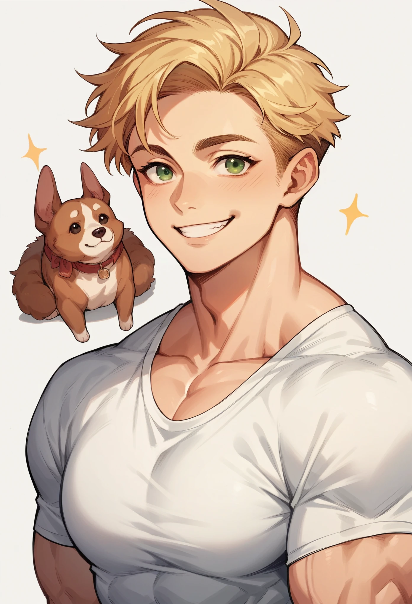1 chico, adult, short straight blonde hair, muscles, the White shirt, black runners, SMILE, tender, dog appearance, White teas, green eyes.