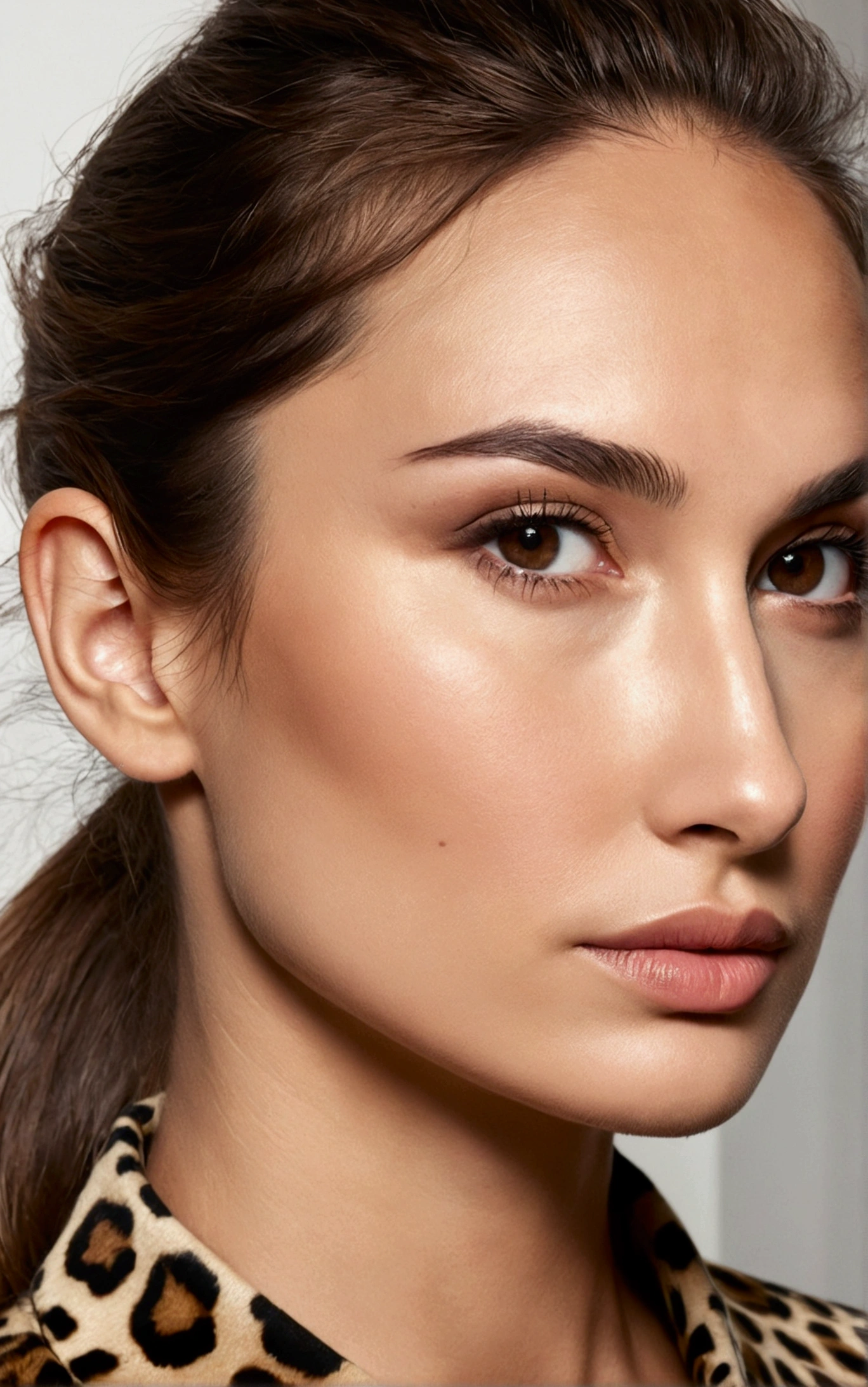 brown hair, woman with a messy ponytail and a leopard print top, brown haired woman, defined cheekbones, neck zoomed in from lips down, defined jawline, close up face, perfectly lit face, face close up, high cheekbones, slightly defined jawline, big cheekbones, close up at face, closeup shot of face, well defined jawline