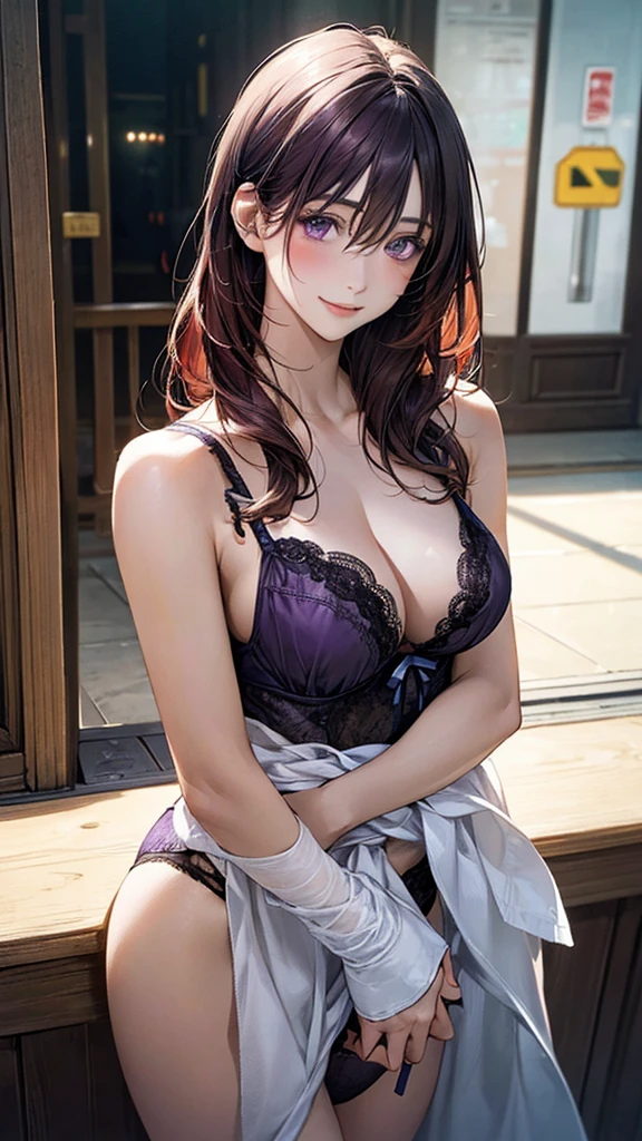Ultra-realistic 8K CG，tmasterpiece，（（Ultra detailed backgrounds，delicate patterns，Complicated details）），Best quality at best，very vey very detailed face，very detailed eyes and faces，Very detailed eyes，Kochou Shinobu，O cabelo multicolorido，No bangs，hair intakes，Purple eye，haori，butterflys，obi strip，（trpical garden：1.2），purple flower，mostly cloudy sky，rays of sunshine，Tyndall effect，Gradient_sky，the face，beautiful sky，Saber on the waist，captivating posture，（Large breasts:1.3)，（cleavage:1.3)，（Off-the-shoulder attire:1.6)