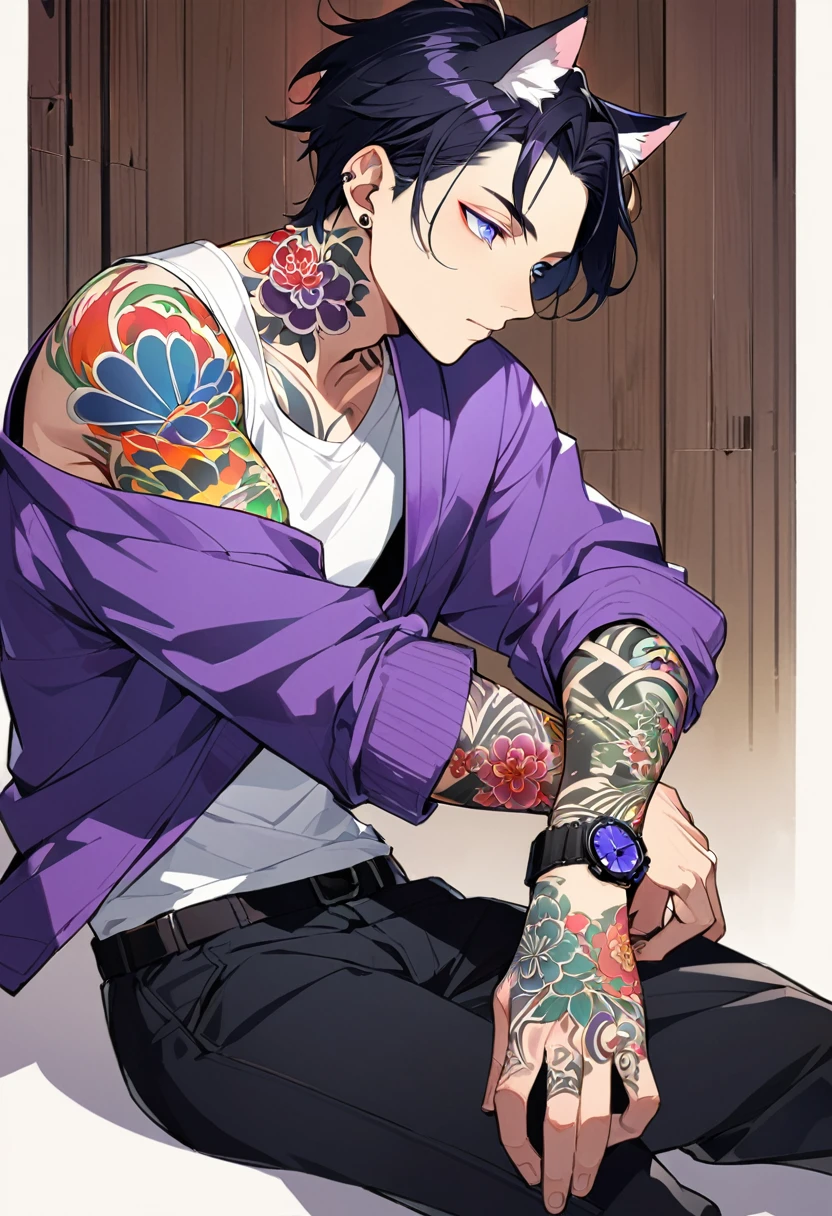 1man, short black hair, cat ears, bright blueviolet eyes, wearing a purple casual jacket, wearing a white undershirt, wearing black pants , wearing a vintage blueviolet watch, japanese style tattoos, colorfull tattoos, tattoos all over the arms, resting head with hand