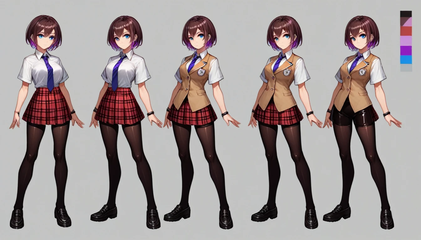 Solo, score_9,score_8_up,score_7_up, source_girl, school girl, teenage female, brown hair, wearing black bike shorts, black spandex shorts, 1.3, necktie, wearing school clothes, school outfit, standing, solo, full body, blue eyes, , plaid skirt, black spandex shorts, (short hair), character design, paper doll sheet, (purple highlights), brown hair,