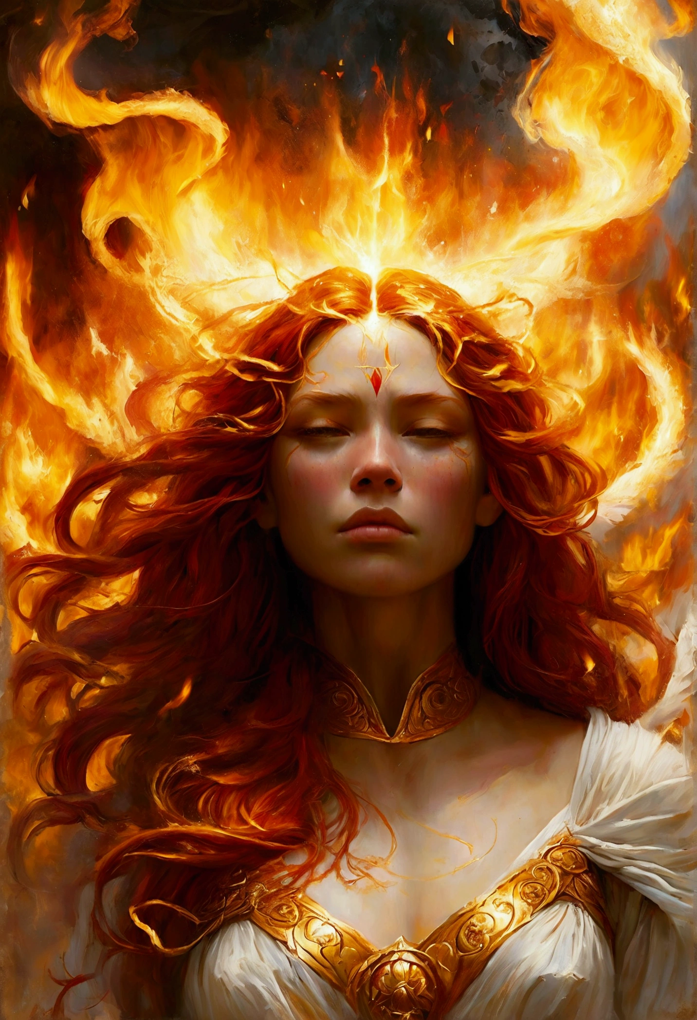 Create a detailed and expressive painting of a fire goddess with long red hair in the foreground. The goddess should be centred in the image with her head slightly tilted back, her eyes shows a great expression of sadness, longing and anger with tears rolling down her cheeks in gold on her face; it reflects the intensity of emotions as in Cabanel's portrait of The Fallen Angel.  His face should be centred to the camera. His shoulders should be visible, while the rest of his body remains outside the frame. The background should feature the element of fire that makes a crown of ashes behind his head, composed of a icon sunny devastation element in dark orange and dark yellow tones as the flames extinguished that create an intense, radiant effect against a black background. The background should be powerful, showing her fury and energy, giving a juxtaposition between the expression of the goddess's face and the chaos background. The hair should give a sense of movement and energy like wind. Use dramatic lighting to highlight the face and hair of the goddess, creating a strong contrast with the fiery background. The artistic style should focus on intricate details and ethereal elements, ensuring that the overall composition appears divine and otherworldly. Maintain the warmth of the colours and fine textures to faithfully replicate the image provided, allowing the figure to be substituted for another while retaining the background and overall style. 