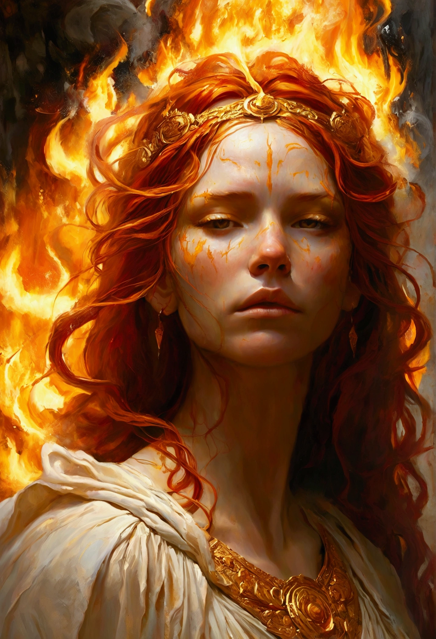Create a detailed and expressive painting of a fire goddess with long red hair in the foreground. The goddess should be centred in the image with her head slightly tilted back, her eyes shows a great expression of sadness, longing and anger with tears rolling down her cheeks in gold on her face; it reflects the intensity of emotions as in Cabanel's portrait of The Fallen Angel. His face should be centred to the camera. His shoulders should be visible, while the rest of his body remains outside the frame. The background should feature the element of fire that makes a crown of ashes behind his head, composed of a icon sunny devastation element in dark orange and dark yellow tones as the flames extinguished that create an intense, radiant effect against a black background. The background should be powerful, showing her fury and energy, giving a juxtaposition between the expression of the goddess's face and the chaos background. The hair should give a sense of movement and energy like wind. Use dramatic lighting to highlight the face and hair of the goddess, creating a strong contrast with the fiery background. The artistic style should focus on intricate details and ethereal elements, ensuring that the overall composition appears divine and otherworldly. Maintain the warmth of the colours and fine textures to faithfully replicate the image provided, allowing the figure to be substituted for another while retaining the background and overall style.