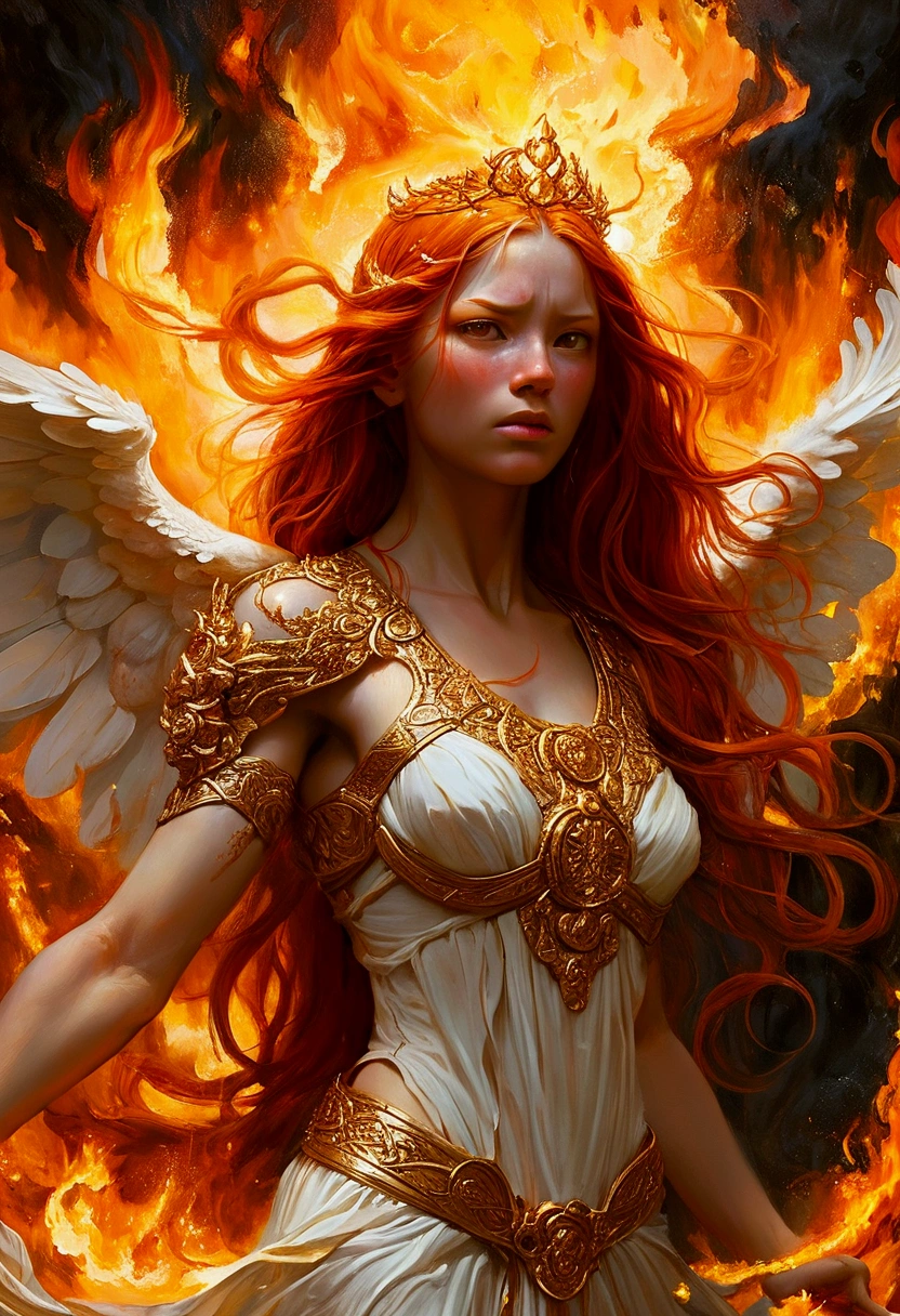 Create a detailed and expressive painting of a fire goddess with long red hair in the foreground. The goddess should be centred in the image with her head slightly tilted back, her eyes shows a great expression of sadness, longing and anger with tears rolling down her cheeks in gold on her face; it reflects the intensity of emotions as in Cabanel's portrait of The Fallen Angel.  His face should be centred to the camera. His shoulders should be visible, while the rest of his body remains outside the frame. The background should feature the element of fire that makes a crown of ashes behind his head, composed of a icon sunny devastation element in dark orange and dark yellow tones as the flames extinguished that create an intense, radiant effect against a black background. The background should be powerful, showing her fury and energy, giving a juxtaposition between the expression of the goddess's face and the chaos background. The hair should give a sense of movement and energy like wind. Use dramatic lighting to highlight the face and hair of the goddess, creating a strong contrast with the fiery background. The artistic style should focus on intricate details and ethereal elements, ensuring that the overall composition appears divine and otherworldly. Maintain the warmth of the colours and fine textures to faithfully replicate the image provided, allowing the figure to be substituted for another while retaining the background and overall style. 