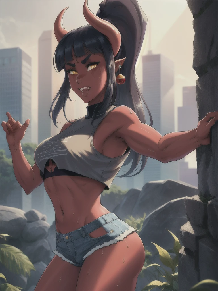 (masterpiece, best quality), (highres, ultra-detailed), (absurdres, perfect anatomy), outdoors, day, 1girl, solo, SynIahfy, colored skin, yellow eyes, cowboy shot, slit pupils, ponytail, outstretched arms, hug, earrings, happy, fangs, crop top, denim shorts, (((toned))), underboob, sweaty, shiny skin, pulling shorts down, biting bottom lip, behind rock, high rise thong