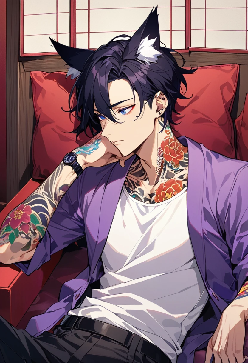 1man, short black hair, fox ears, bright blueviolet eyes, wearing a purple casual jacket, wearing a white undershirt, wearing black pants , wearing a vintage blueviolet watch, japanese style tattoos,  colorfull tattoos, tattoos all over the arms, resting head with hand