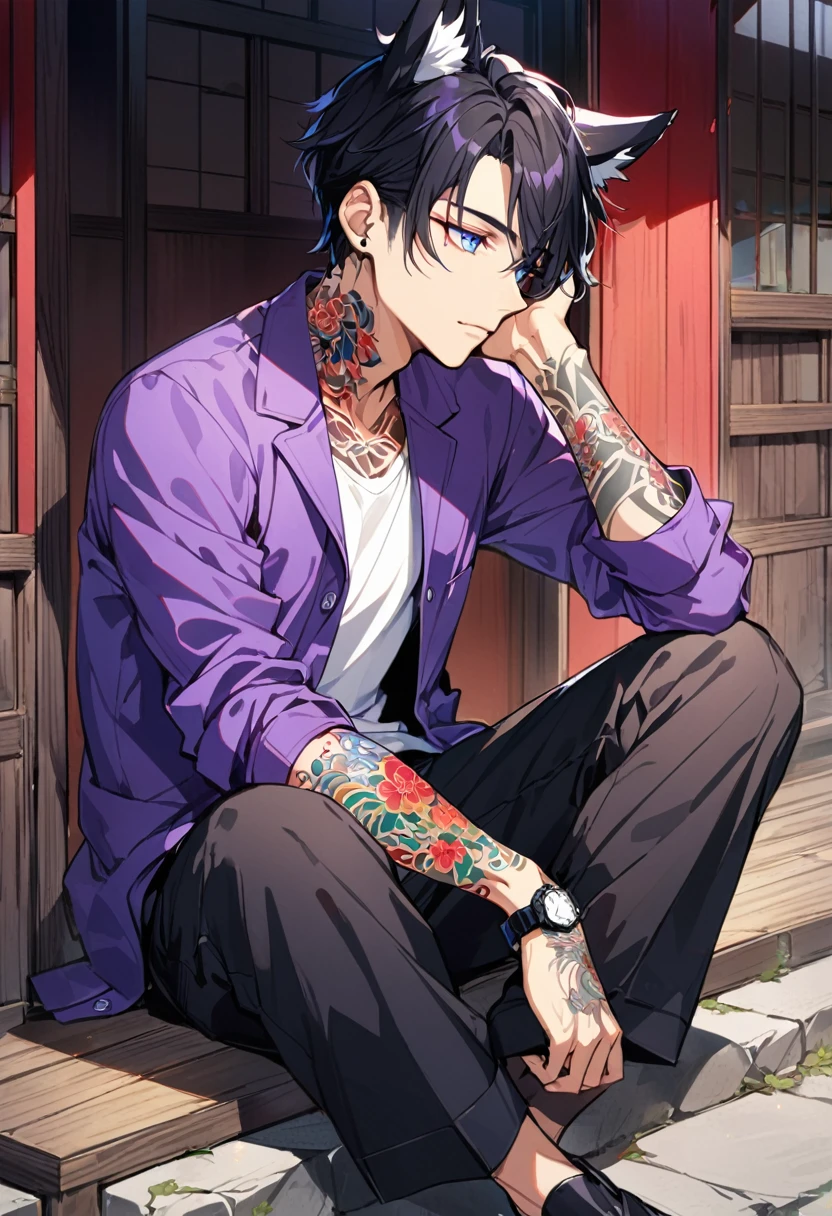 1man, short black hair, fox ears, bright blueviolet eyes, wearing a purple casual jacket, wearing a white undershirt, wearing black pants , wearing a vintage blueviolet watch, japanese style tattoos,  colorfull tattoos, tattoos all over the arms, resting head with hand