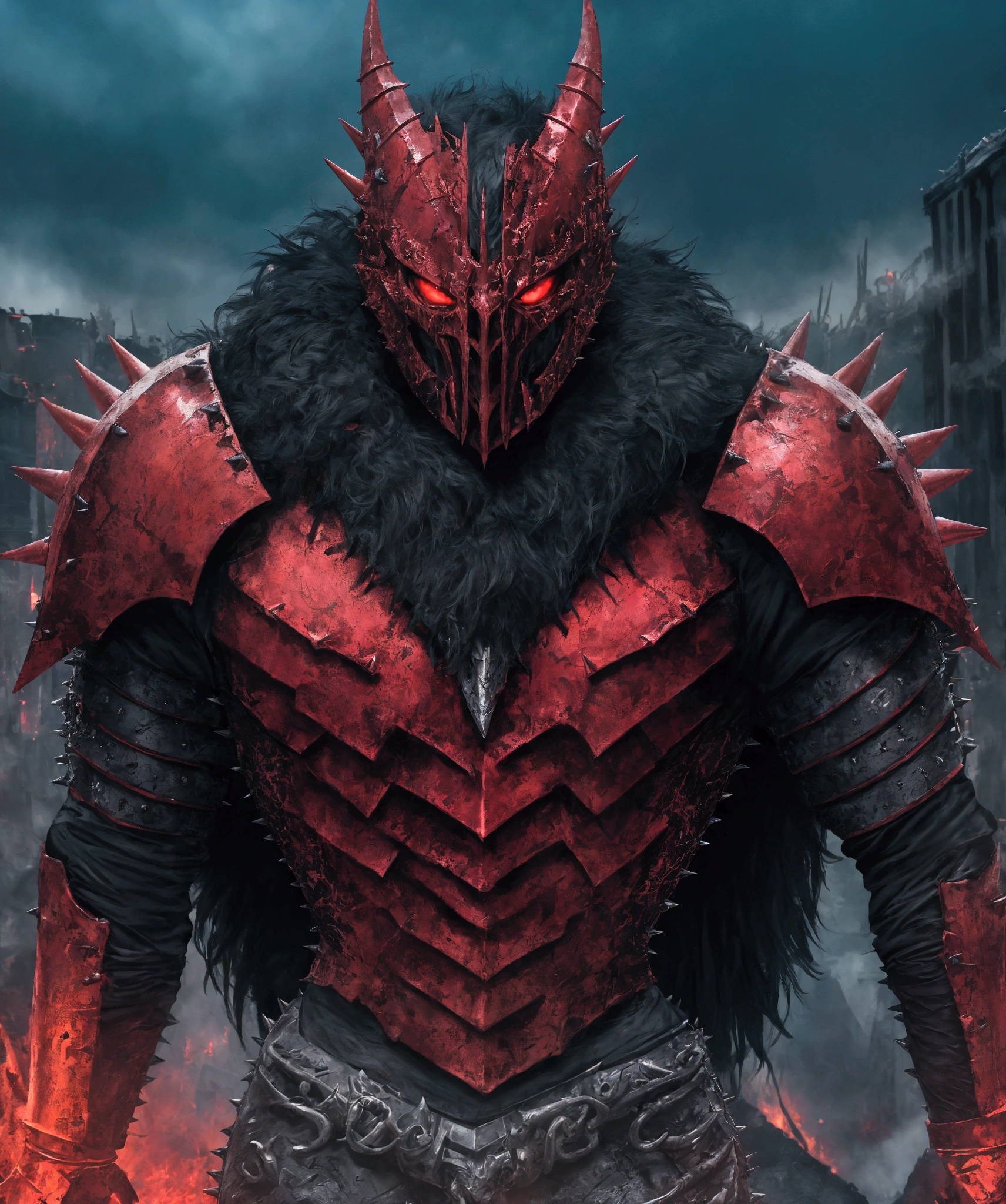 (extremely detailed 8k wallpaper), a medium shot photo of  Grim dressed as a scary masked metal red furry-supervillain in a metal red spiked armour made of fur glowing armour with spikes from marvel, theme, intricate, high detail, dramatic, furry monster and destroyed buildings in the background