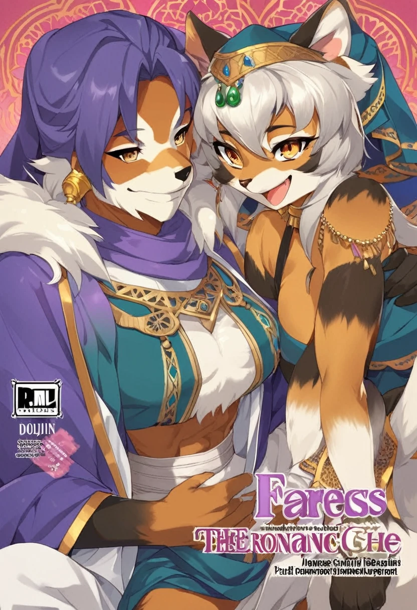 doujinshi cover_page, highres, top quality, best quality, paid reward available, unparalleled masterpiece, perfect artwork, absurdres, High-quality illustrations, super high resolution, detailed background, perfect anatomy(1girl, 1boy, couple, kemono, furry anthro, fearless smile, Arab national costume, love romance)The Arabian Nights, Alf Laylah wa Laylah,