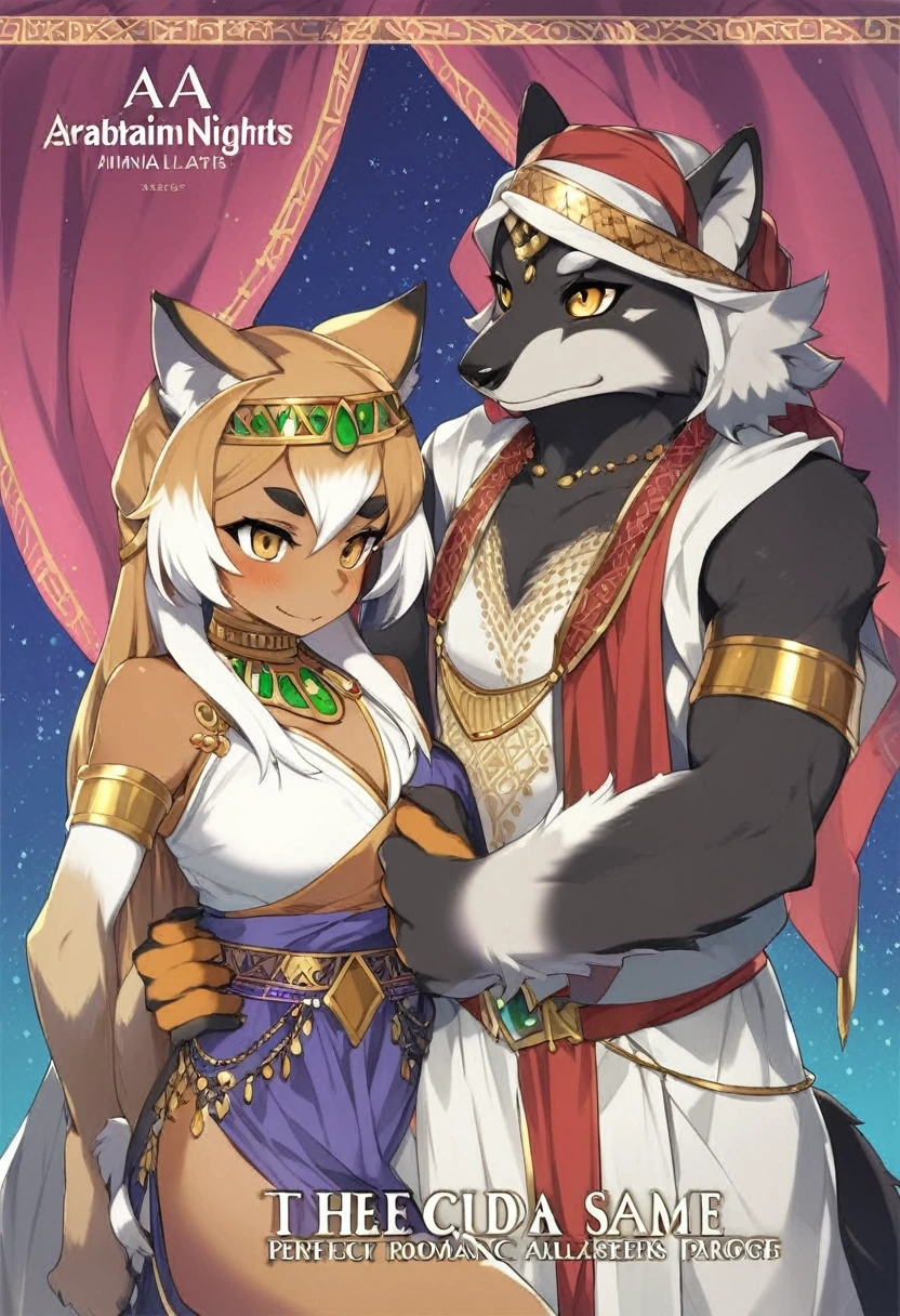 doujinshi cover_page, highres, top quality, best quality, paid reward available, unparalleled masterpiece, perfect artwork, absurdres, High-quality illustrations, super high resolution, detailed background, perfect anatomy(1girl, 1boy, couple, kemono, furry anthro, fearless smile, Arab national costume, love romance)The Arabian Nights, Alf Laylah wa Laylah,