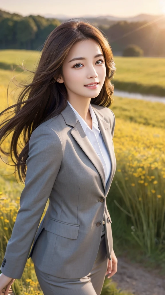 highest quality、genuine、Super detailed、finely、High resolution、8k wallpaper、one beautiful woman、、、light brown disheveled hair、wearing a business suit、sharp focus、perfect dynamic composition、beautiful and detailed eyes、thin hair、Detailed genuine skin texture、smile、model body shape、In a windswept meadow