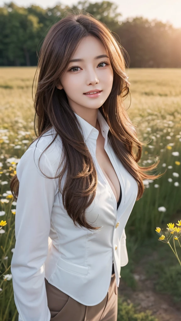 highest quality、genuine、Super detailed、finely、High resolution、8k wallpaper、one beautiful woman、、、light brown disheveled hair、wearing a business suit、sharp focus、perfect dynamic composition、beautiful and detailed eyes、thin hair、Detailed genuine skin texture、smile、model body shape、In a windswept meadow