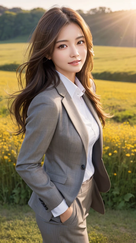 highest quality、genuine、Super detailed、finely、High resolution、8k wallpaper、one beautiful woman、、、light brown disheveled hair、wearing a business suit、sharp focus、perfect dynamic composition、beautiful and detailed eyes、thin hair、Detailed genuine skin texture、smile、model body shape、In a windswept meadow