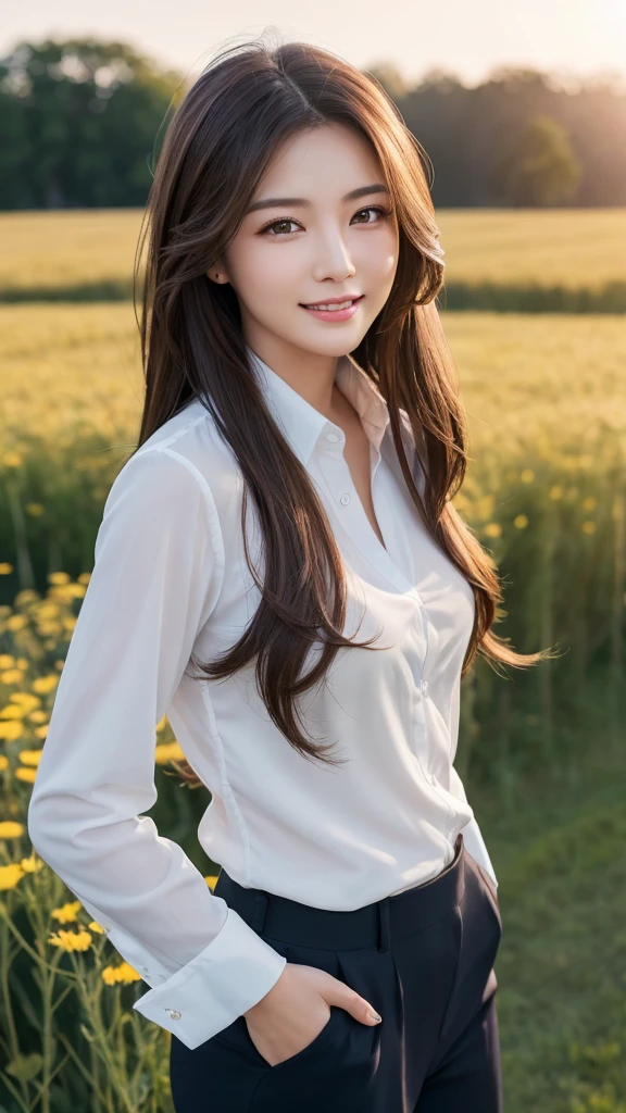 highest quality、genuine、Super detailed、finely、High resolution、8k wallpaper、one beautiful woman、、、light brown disheveled hair、wearing a business suit、sharp focus、perfect dynamic composition、beautiful and detailed eyes、thin hair、Detailed genuine skin texture、smile、model body shape、In a windswept meadow