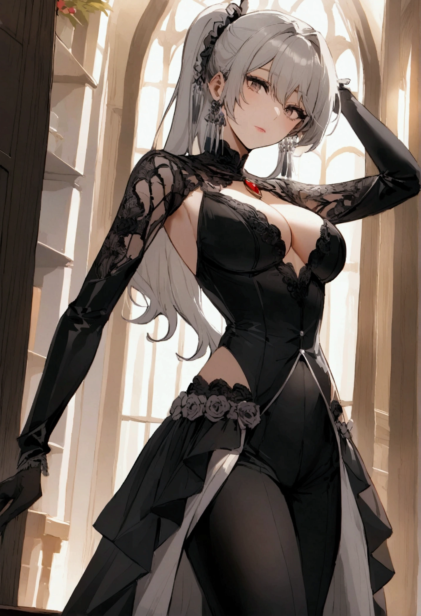(photorealistic: 1.4), (masterpiece, side lighting, finely detailed beautiful gray eyes: 1.2), masterpiece * portrait, realistic, 3D face, glowing gray eyes, shiny white hair, bangs, shiny skin, solo, embarrassed, (midreef), black underwear, long hair, lace, translucent, temptation, elusive