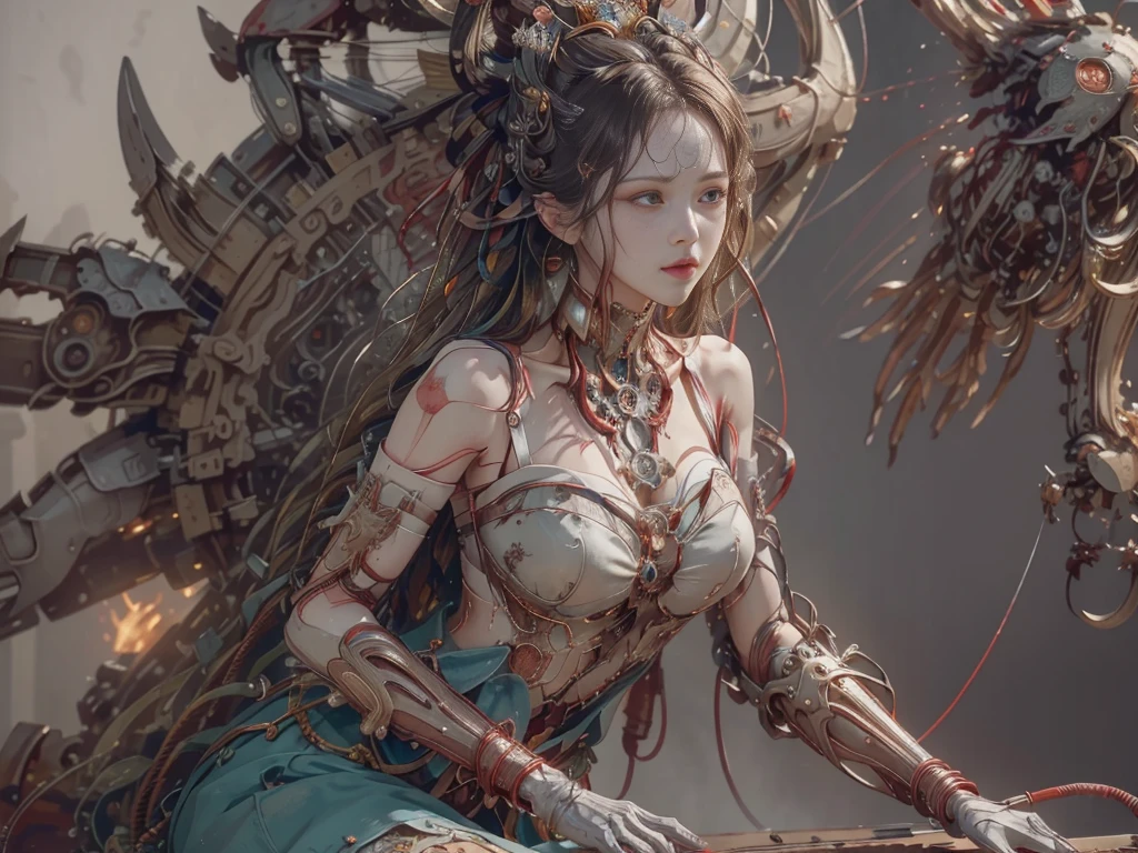 (Masterpiece, Top quality, Best quality, offcial art, Beautiful and aesthetic:1.2), (1girll:1.3), extreme detailed details,Colorful,highest details ((Ultra-detailed)), (Highly detailed CG illustration), ((An extremely delicate and beautiful)),(From the side Side),Cinematic light,((1机械女孩)),独奏,full bodyesbian,(machine made joints:1.2),((Mechanical limb)),(blood vessels attached to the tube),(Mechanical vertebrae attached to the back),((mechanical cervial attaching to neck)),(Sitting),Expressionless,(wires and cables attaching to neck:1.2),(wires and cables on head:1.2)(Character focus),Science fiction,White background,(Blood:1.2), dunhuang