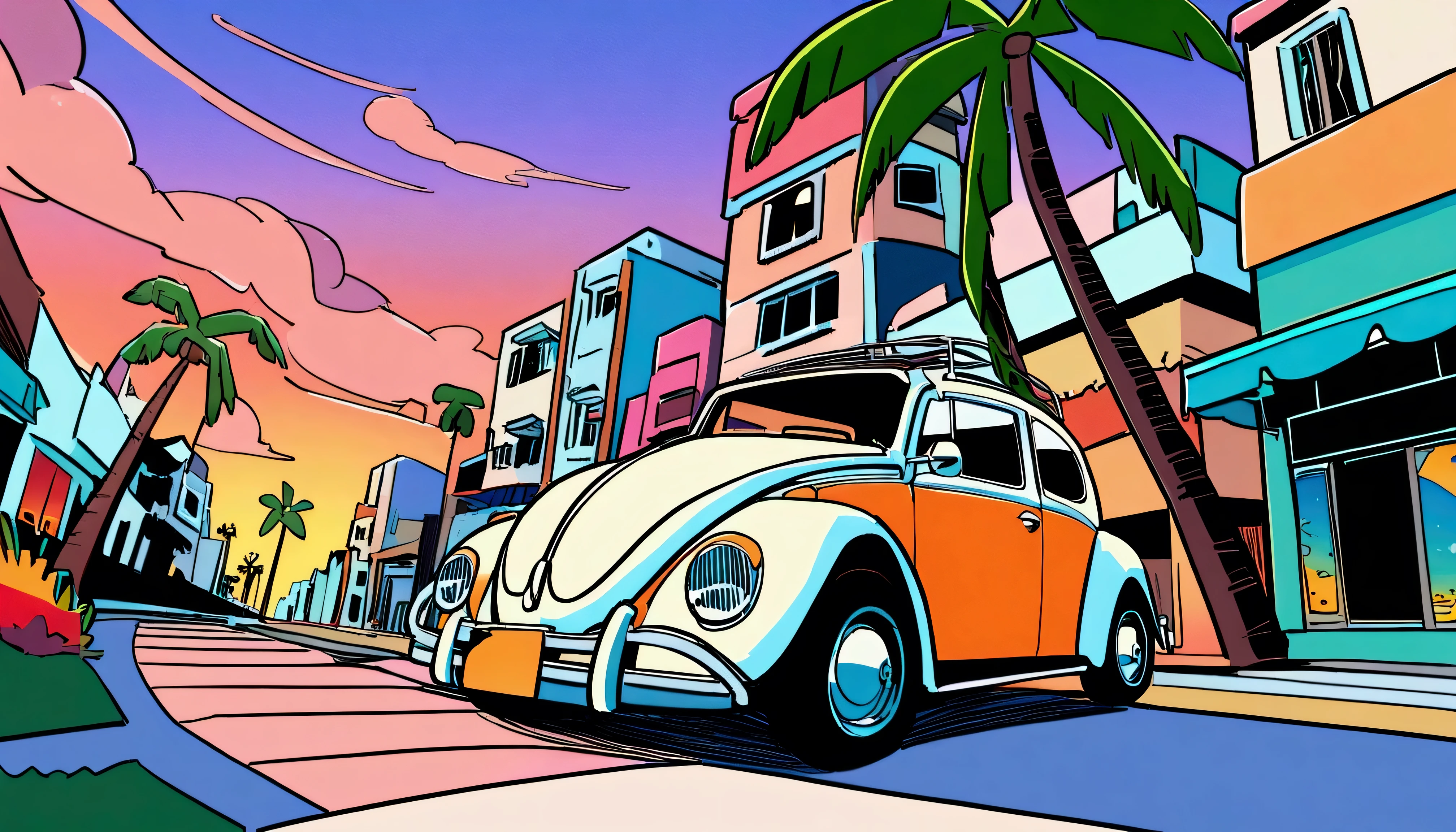 ((Sticker design)), Volkswagen Type 1　beetle, Sunset background, Palm tree, Layers with 5 colors, Corner Street, Belek&#39;s Drums, Plethean, 