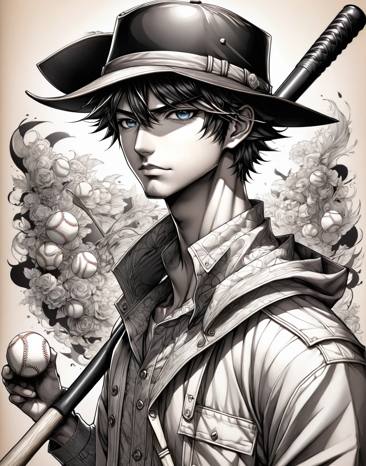 drawing of a man with a hat and baseball bat, shaded cell!!!, shaded cell, anime sketch, shaded cell anime intricate, detailded, but rough, cool shading, inspired noCHAMBA, shaded cell art, no shading, anime shading), inspired by Junpei Satoh, badass pose, anime shading, highly detailed exquisite fanart, unknown artstyle