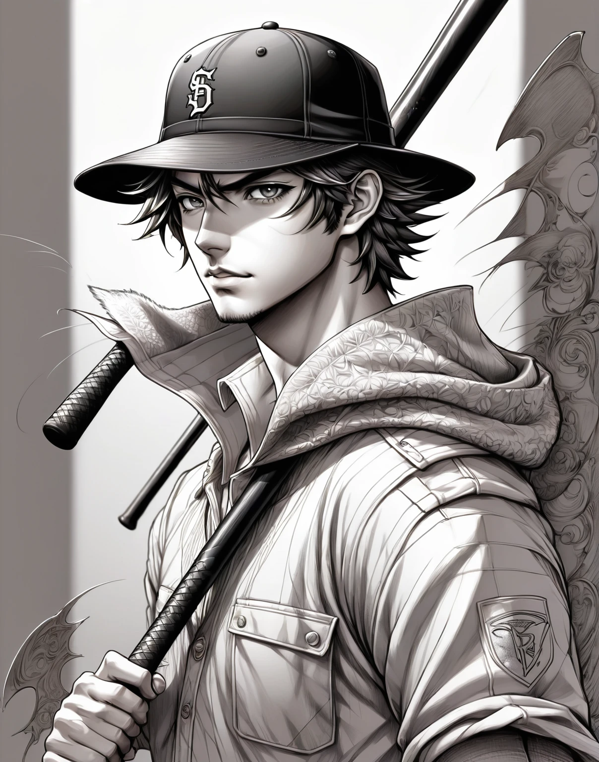 drawing of a man with a hat and baseball bat, shaded cell!!!, shaded cell, anime sketch, shaded cell anime intricate, detailded, but rough, cool shading, inspired noCHAMBA, shaded cell art, no shading, anime shading), inspired by Junpei Satoh, badass pose, anime shading, highly detailed exquisite fanart, unknown artstyle