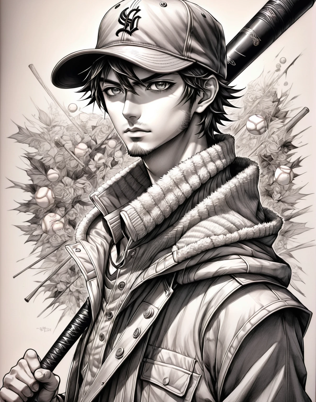 drawing of a man with a hat and baseball bat, shaded cell!!!, shaded cell, anime sketch, shaded cell anime intricate, detailded, but rough, cool shading, inspired noCHAMBA, shaded cell art, no shading, anime shading), inspired by Junpei Satoh, badass pose, anime shading, highly detailed exquisite fanart, unknown artstyle