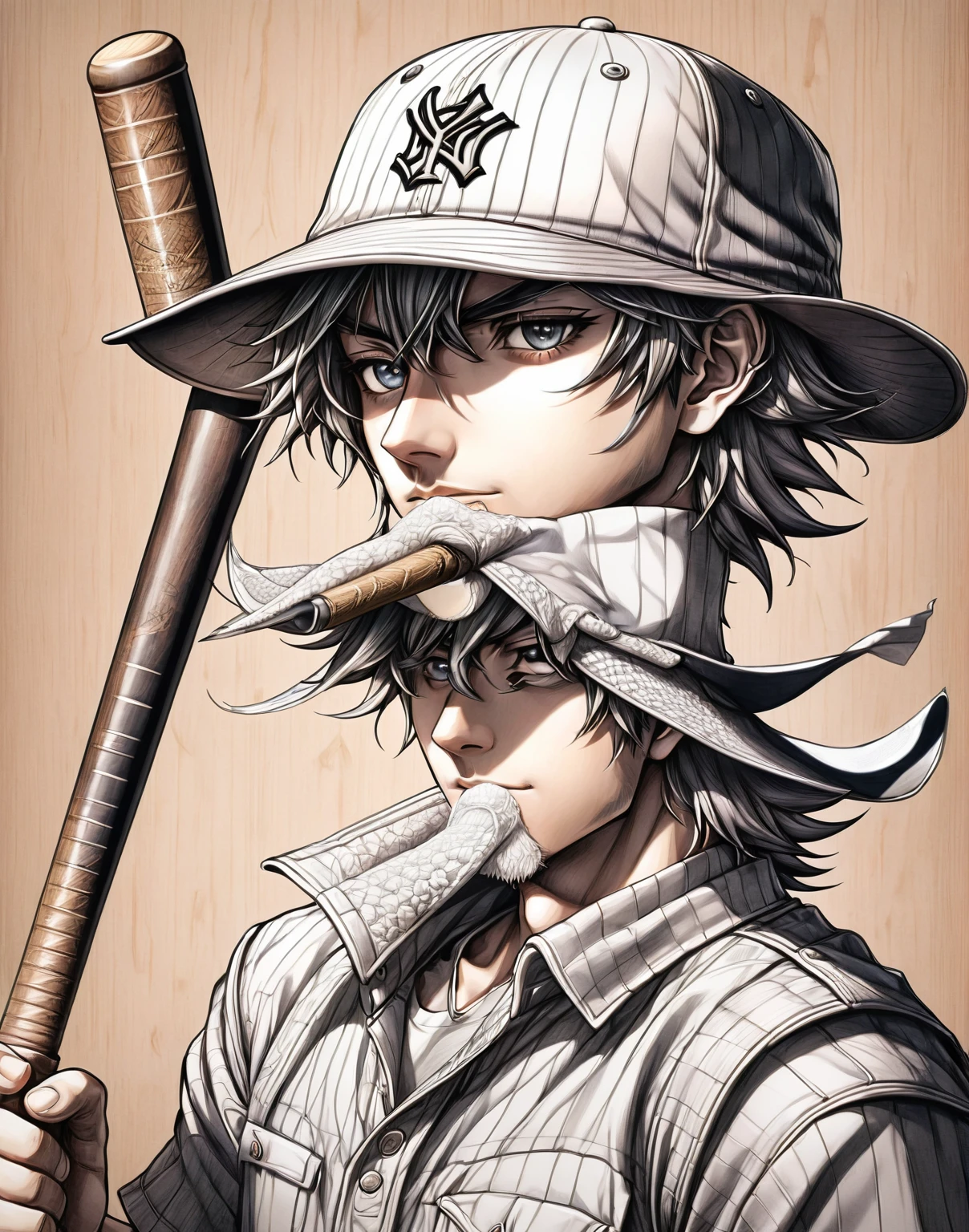 drawing of a man with a hat and baseball bat, shaded cell!!!, shaded cell, anime sketch, shaded cell anime intricate, detailded, but rough, cool shading, inspired noCHAMBA, shaded cell art, no shading, anime shading), inspired by Junpei Satoh, badass pose, anime shading, highly detailed exquisite fanart, unknown artstyle