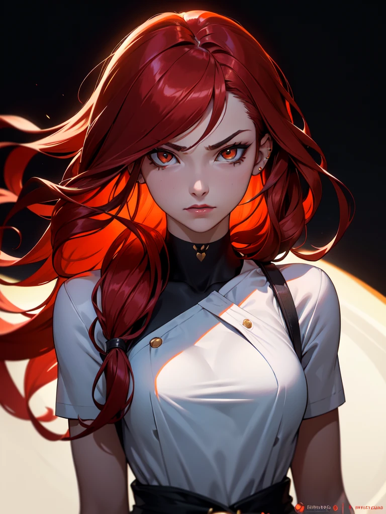 (((Portrait Photo))), She has a Fierce, Determined Appearance of a 17-Year-Old, with a Slim yet Strong Build, Exuding Confidence and Power. Her Long, Flowing Red Hair, Styled in Loose Waves, Cascades Down Her Back, Framing Her Face with Intense Energy. Her Piercing Orange Eyes, Glowing Like Embers, Radiate a Resolute and Commanding Presence. She is Dressed in a Classic White Shirtdress Worn Over a Black Bikini, Accessorized with a Beach Tote. (((High Quality, Dark Background))), (((Portrait Photo)))