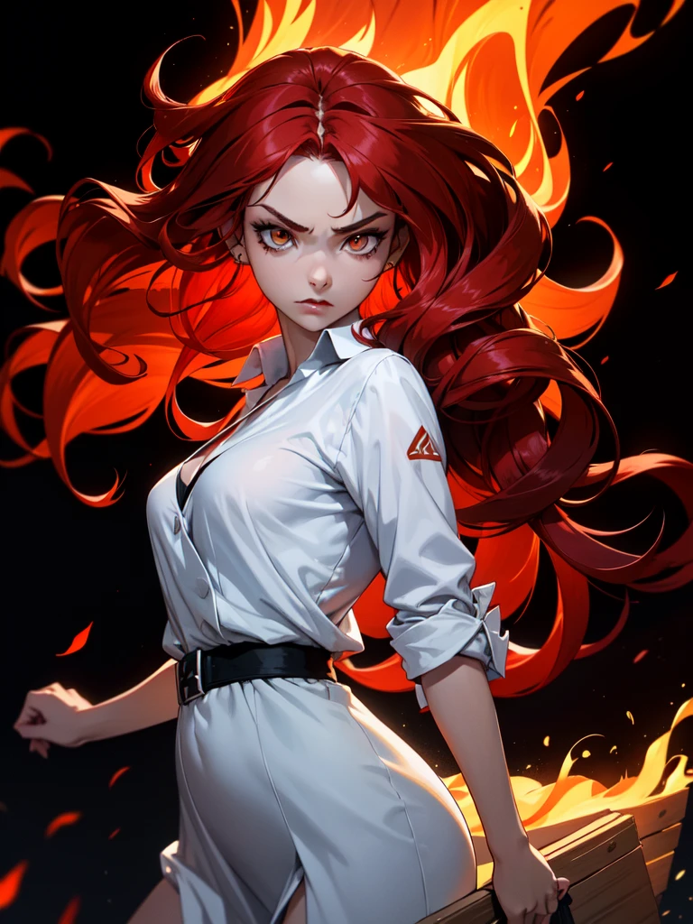 (((Portrait Photo))), She has a Fierce, Determined Appearance of a 17-Year-Old, with a Slim yet Strong Build, Exuding Confidence and Power. Her Long, Flowing Red Hair, Styled in Loose Waves, Cascades Down Her Back, Framing Her Face with Intense Energy. Her Piercing Orange Eyes, Glowing Like Embers, Radiate a Resolute and Commanding Presence. She is Dressed in a Classic White Shirtdress Worn Over a Black Bikini, Accessorized with a Beach Tote. (((High Quality, Dark Background))), (((Portrait Photo)))